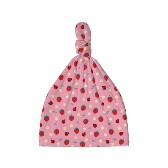 Sikiie Strawberry and Ladybugs Baby Newborn Hats, Infant Knotted Baby Hat, Beanie Top Knot Caps for Baby Boys Girls