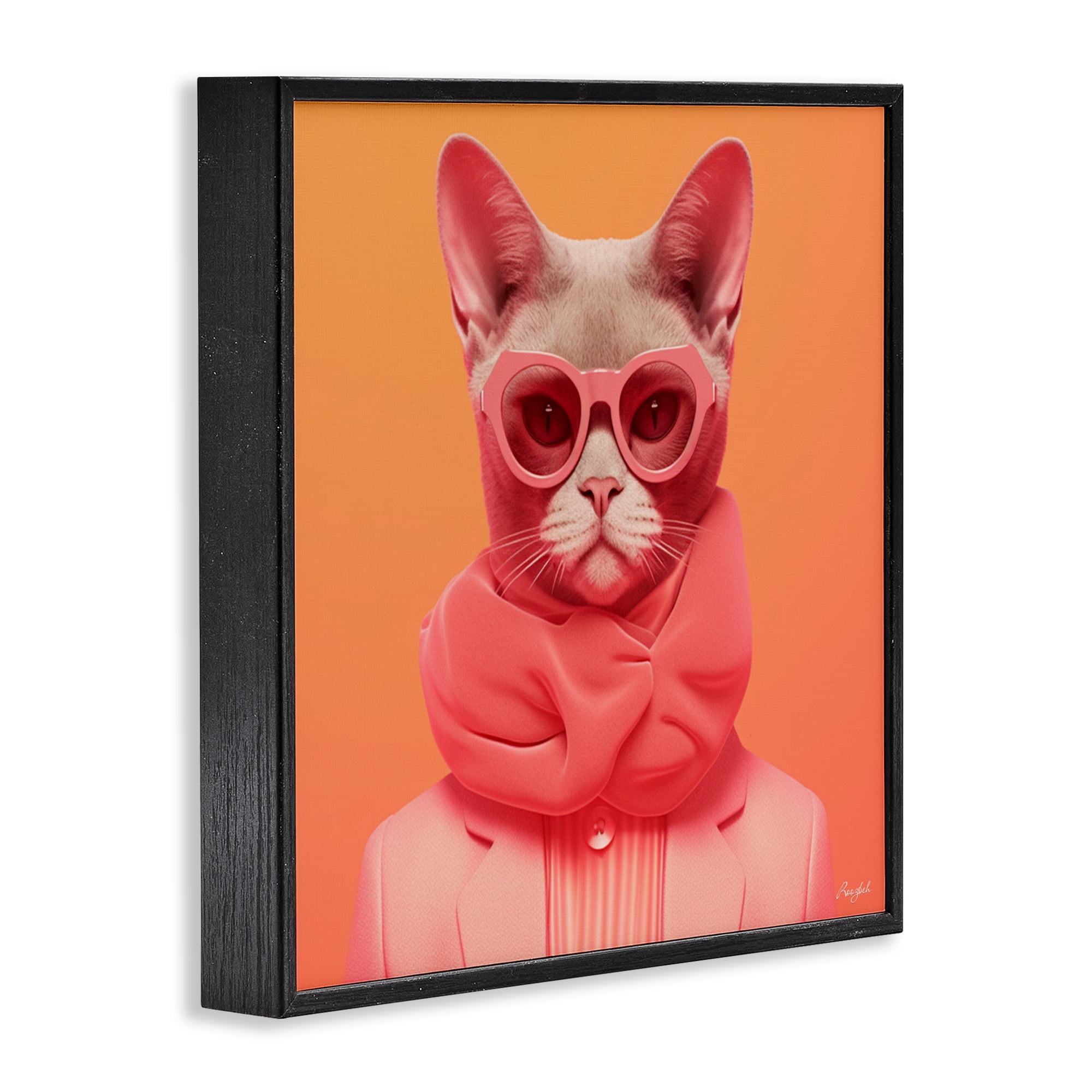Stupell Industries Retro Glasses Cat on Orange Black Framed Giclee Art, design by Roozbeh
