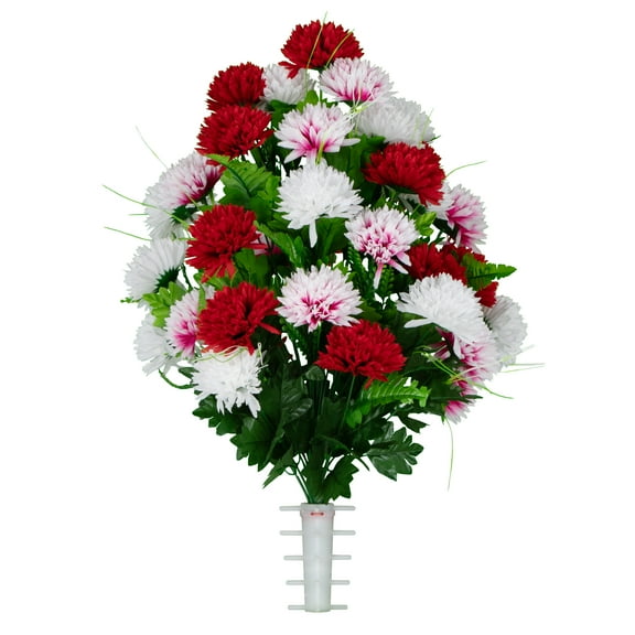 Sympathy Silks Artificial Cemetery Flowers - Red and White Mums - Bouquet for Vase