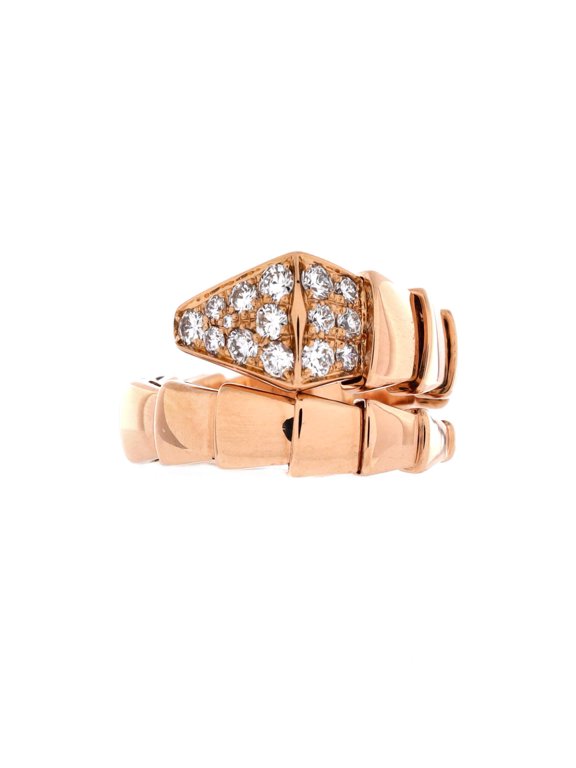 Pre-Owned Serpenti Viper One-Coil Ring 18K Rose Gold with Diamonds Wide By Rebag