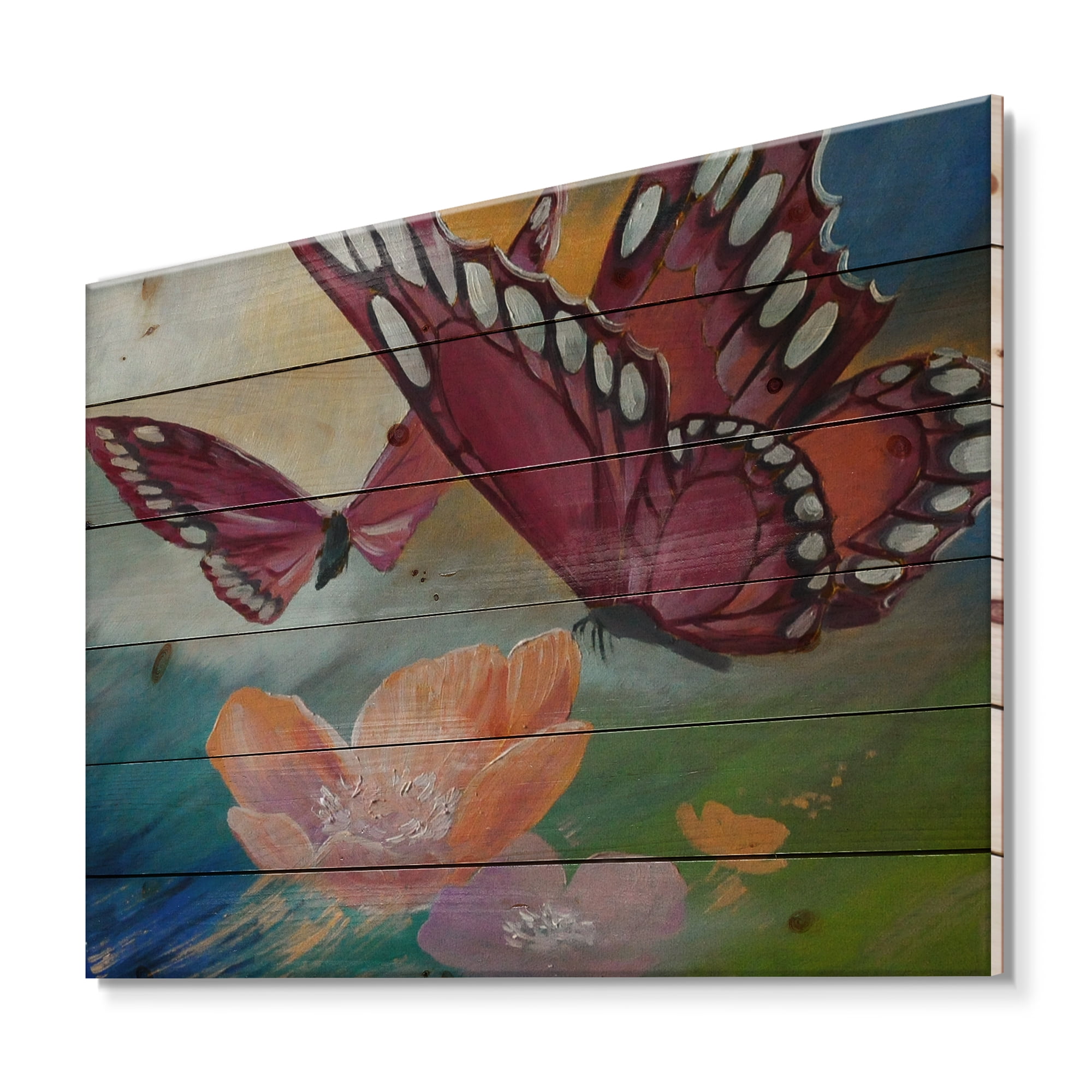Designart 'Butterflies On Pink Flowers' Traditional Print on Natural Pine Wood
