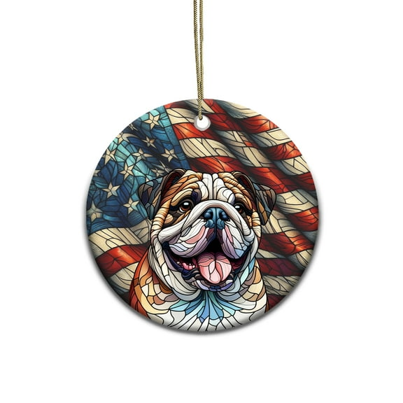 Patriotic Bulldog Stained Glass Portrait American Flag Ceramic Round Ornament Dog Lover Gifts Idea Home Tree Decor - 01010