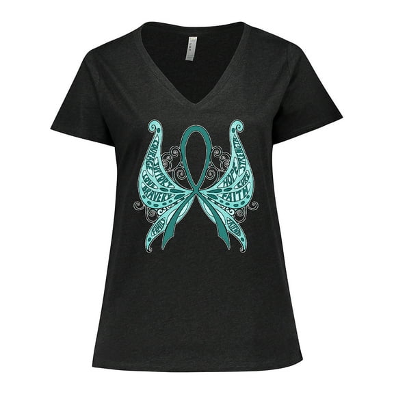 Inktastic Ovarian Cancer Awareness with Butterfly Ribbon Words Women's Plus Size V-Neck T-Shirt