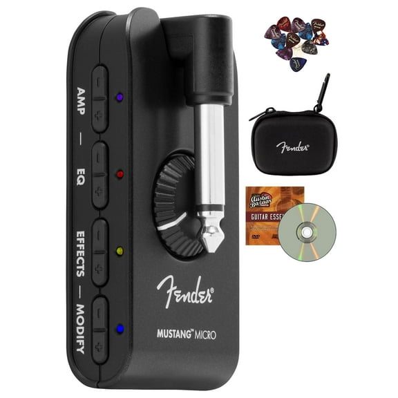 Fender Mustang Micro Amp Bundle with Case, Austin Bazaar Exclusive 12-Pack Picks, and Instructional DVD