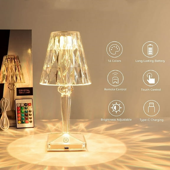 Crystal Table Lamp,Diamond LED Cordless Lamp,16 RGB Color Mode USB Rechargeable Night Light,Warm White with Remote Control Light for Bedroom Living Room