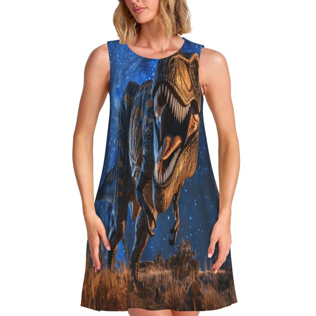 Disketp Starry Night Charging Dinosaur para Vestido sin Mangas para Mujeres, Vestidos de Verano para Mujeres, Casual y Holgado para la Playa