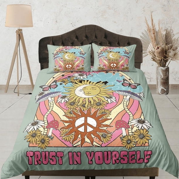 Peace Sign 90S Nostalgia Ropa de Cama Hippie Juego de Funda Nórdica Retro, Colorido
