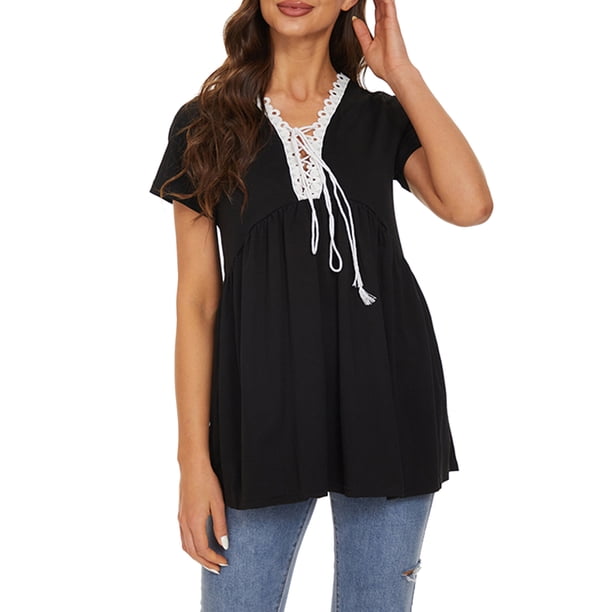 Camiseta mujer, Camiseta de manga corta para mujer con cordones y cuello en V, camisas informales ac Abody Negro/Extragrande