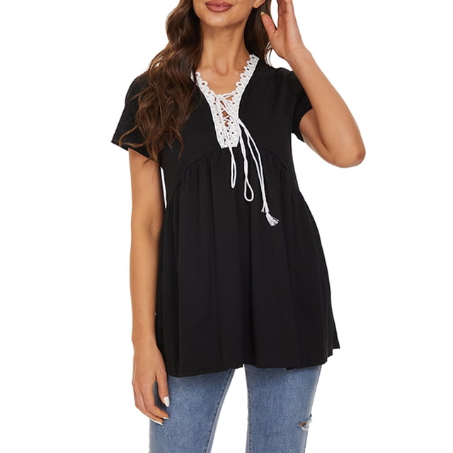 Camiseta de manga corta para mujer con cordones y cuello en V, camisas informales acampanadas MABOTO Camiseta mujer