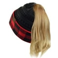 thumbnail image 2 of C.C BeanieTail Cable Knit Messy High Bun Ponytail Cuff Beanie Hat, Buffalo Checkered Red/Black, 2 of 4