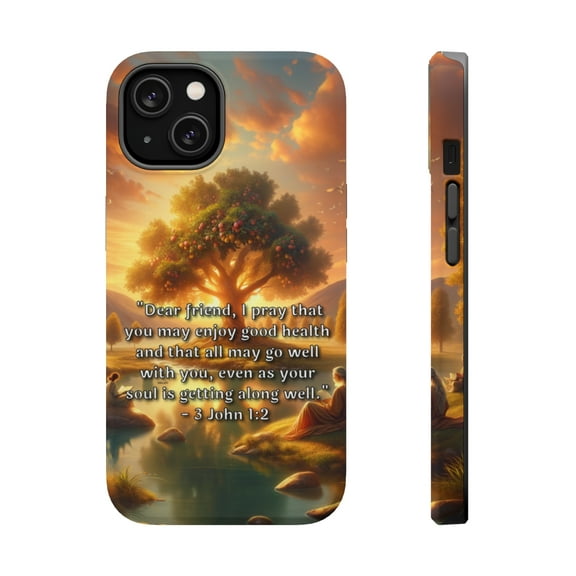 DistinctInk Tough Case for Apple iPhone 15 (6.1" Screen), Compatible with MagSafe Charging - "Biblical Blessing: Good Health and Well-being in 3 John 1:2"