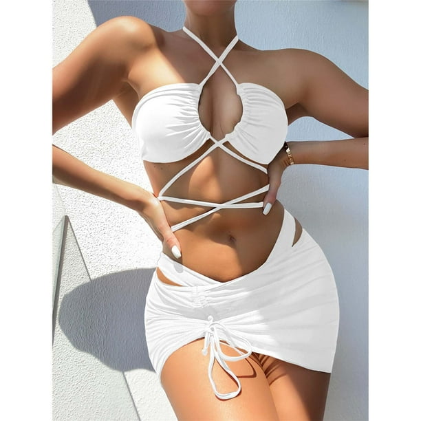 BEFOKA Swimming Suits for Women Ladies Cross Sling High Waist Shorts  Costume 3-piece Swimsuit Split White L
