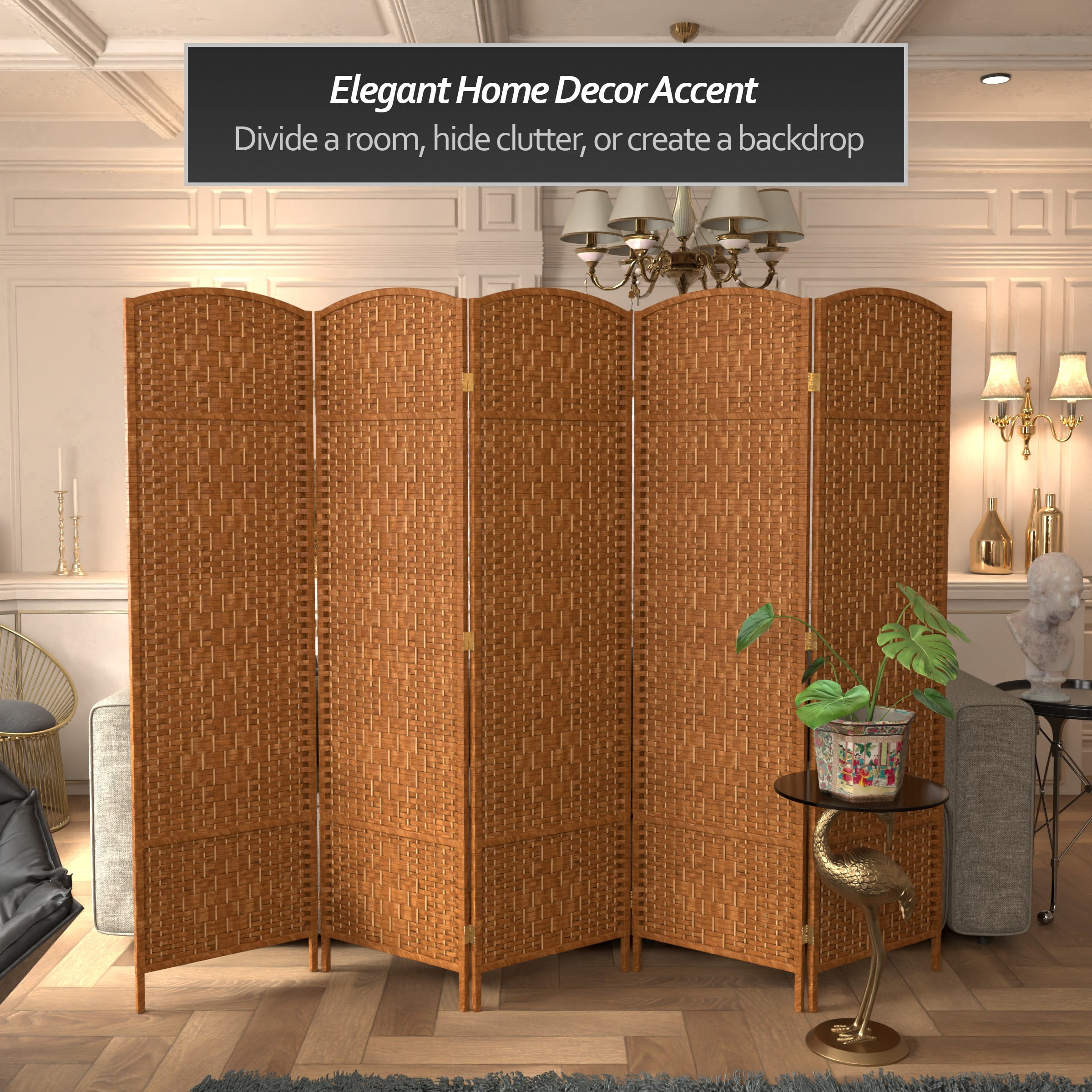 Red Lantern 6 ft. Tall Diamond Weave Fiber Room Divider - Dark Beige - 5 Panel