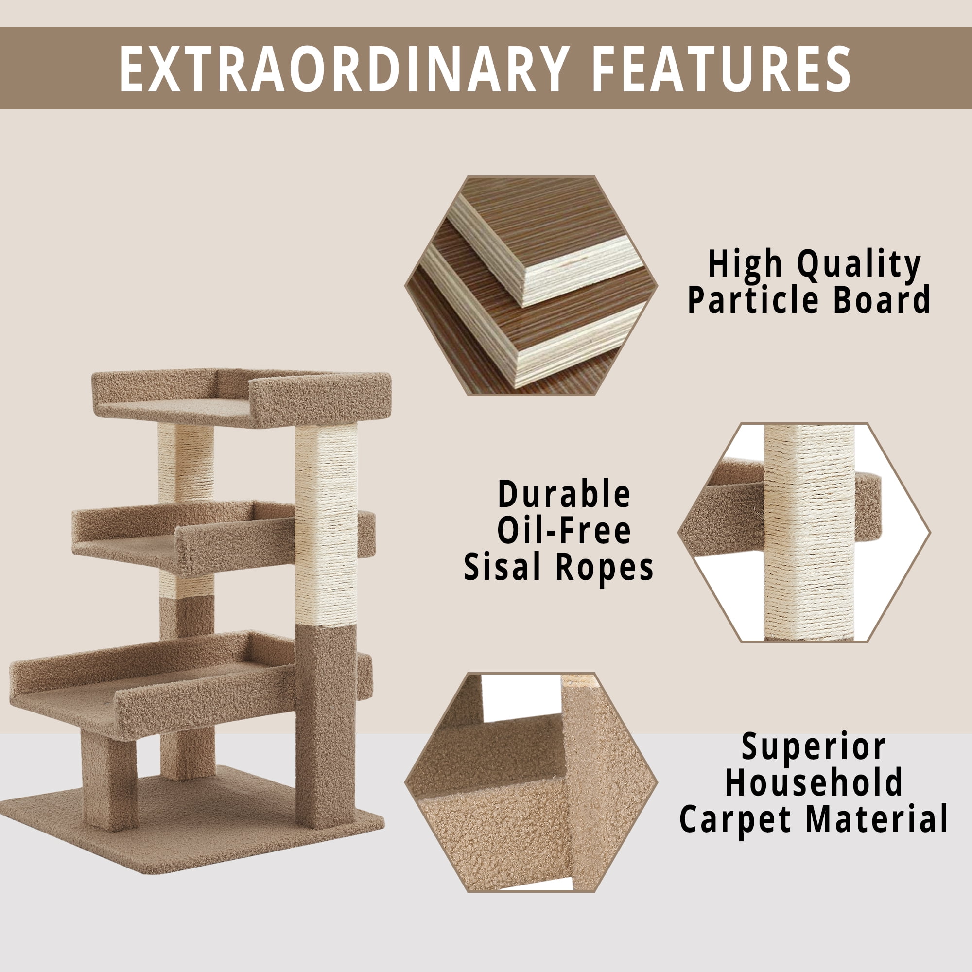 Nala 3-Tier Cat Tree Tower for Indoor Cats – Large Cat Tower & Cat Condo for Large Cats | Cat Tree House & Cat Castle for Multi-Cat Homes - Beige