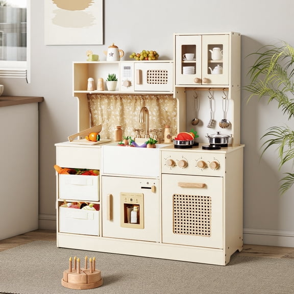 Jolie Vallee Wooden Play Kitchen Set for Kids, Kids Kitchen Playset with Pretend Cooking Accessories, Toy Kitchen with Storage Cabinets, Sink and Stove for Toddlers