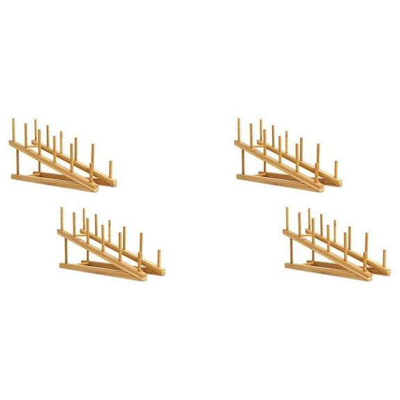 4 PCS Wooden Dish Rack Bamboo Plate Rack Stand Pot Lid Holder, Dish Drying Rack Kitchen Cabinet Organizer for Dish Plate,4 x Dish Rack,Wood color
