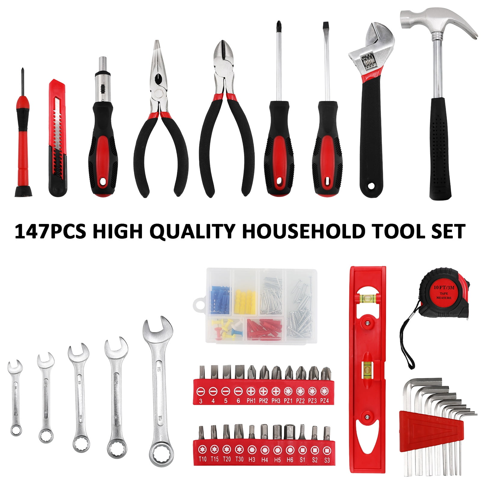 TLGREEN 147 Pieces Tool Set,Basic Household Repair Tool Kit with Storage Toolbox, Hammer,Wrench, Pliers, for Home, Car, Garage, Ideal Gift for Friend