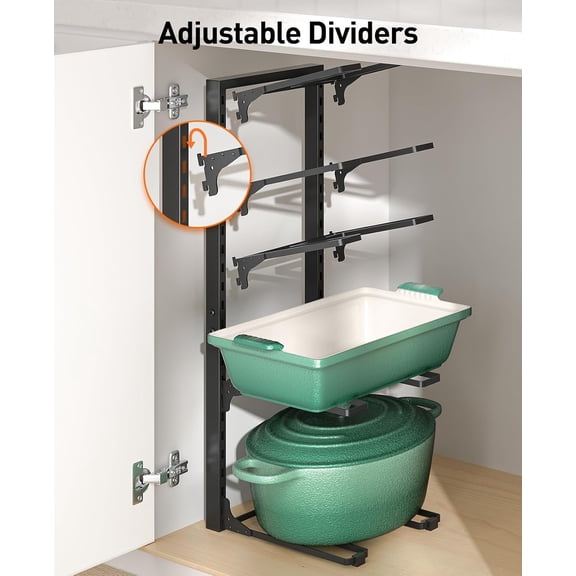 Pots and Pans Organizer under Cabinet 14.55 Height, Adjustable 8-Tier Pot Organizers inside Cabinet, Kitchen Organizers and Storage Fit 6-11 inch Lightweight Cookware