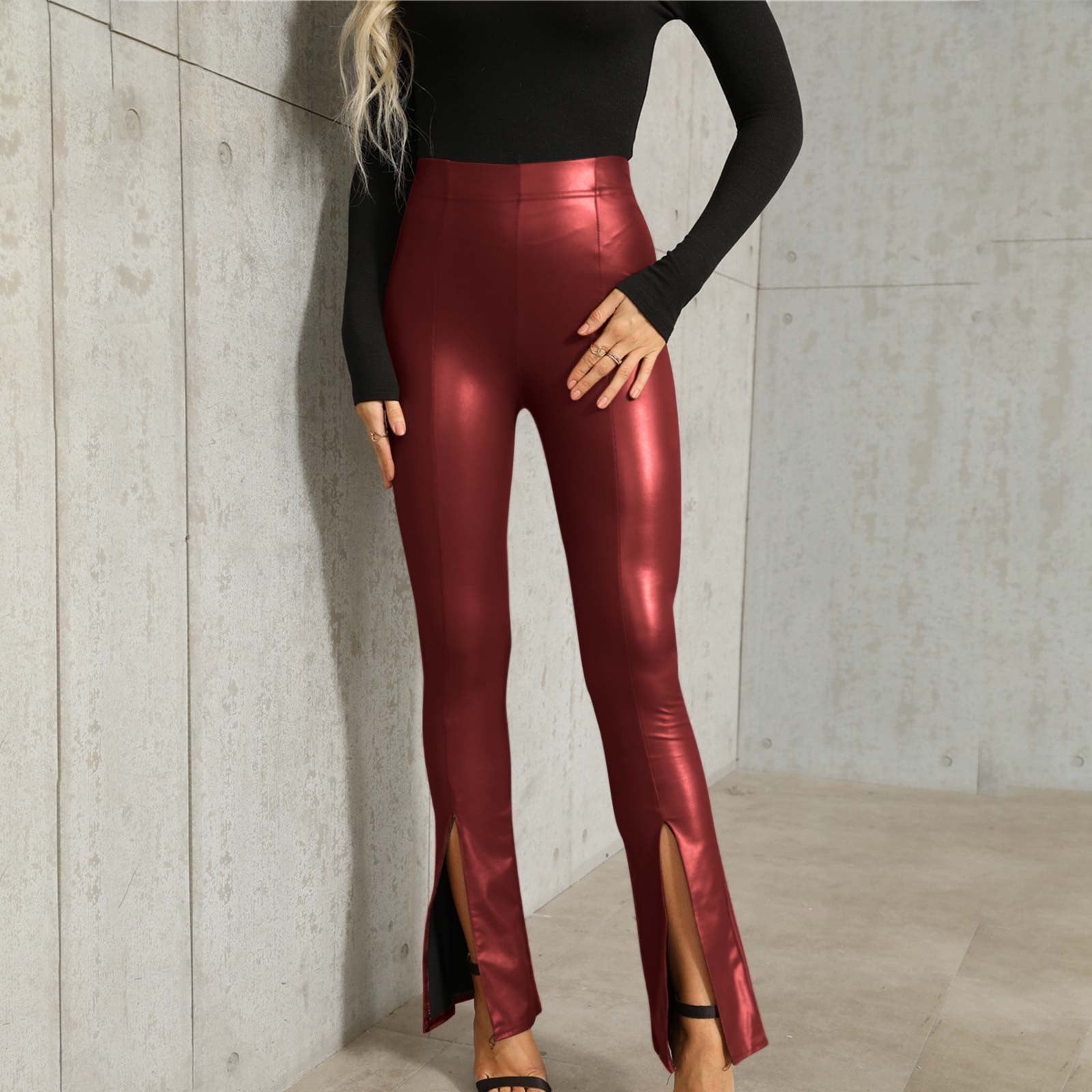 qolati Womens Slim Fitted Faux Leather Legging Stretchy High Waist Slit Hem Pencil Pants Casual Skinny Business Work Office Tights