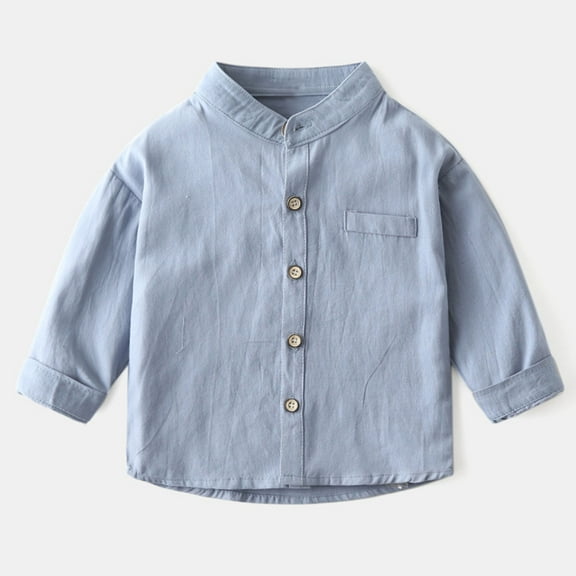 lkfuzj 2024 Little Big Boys' & Men's Long Sleeve Button Down Cotton Casual Dress Shirt Blue