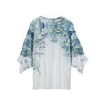 thumbnail image 5 of Women Button Up Blouses for Women Floral Print Shirts 3/4 Sleeve V Neck Pleated Front Blouse Tops Summer Casual T-shirts White Blue M, 5 of 6