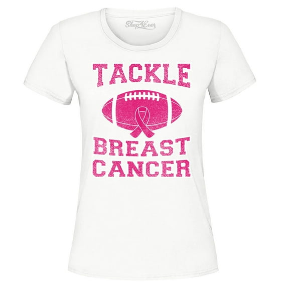 Shop4Ever Women's Tackle Breast Cancer Support Awareness Graphic T-Shirt Small White
