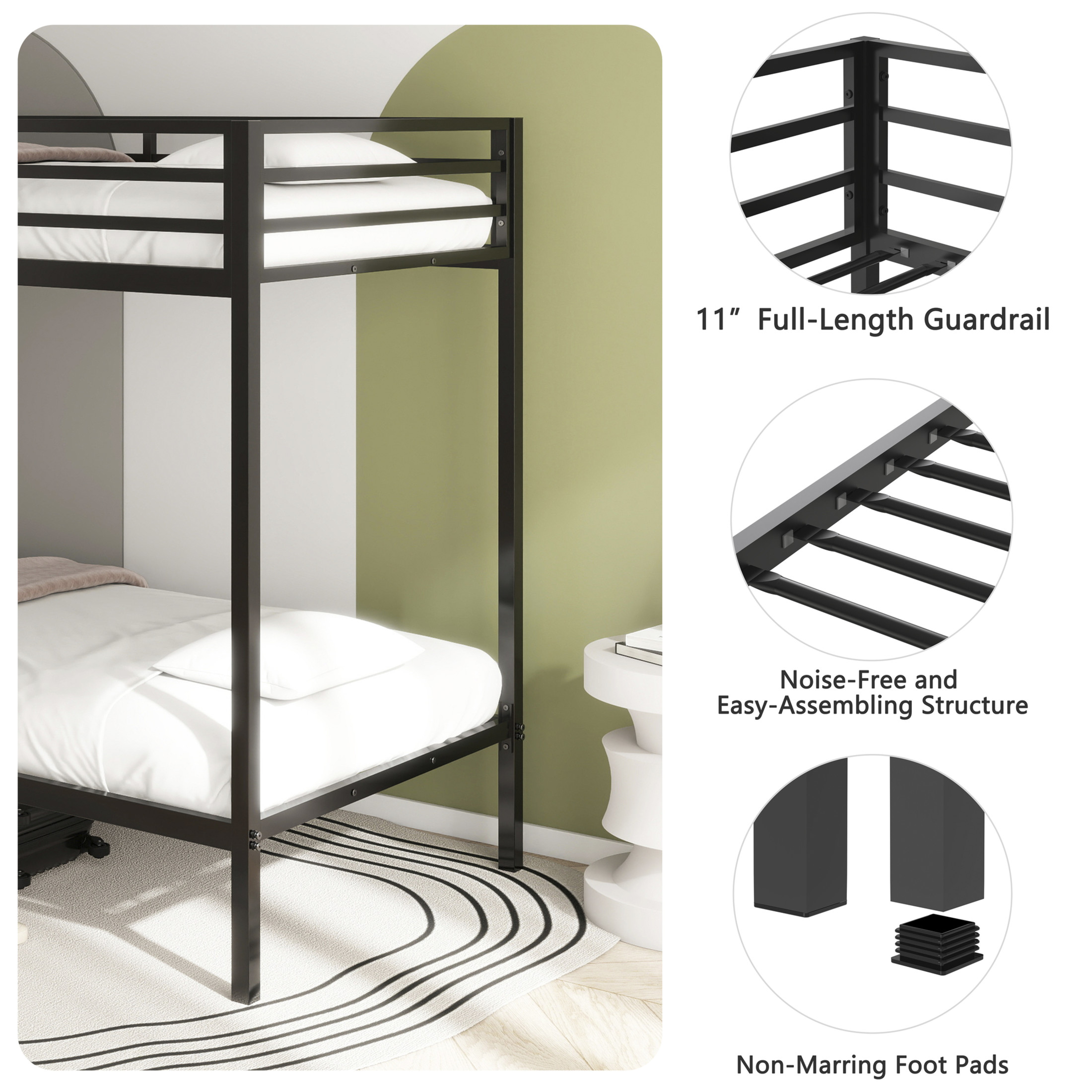 Noble House Adam Twin Over Twin Bunk Bed with Ladder, Guardrails, Metal Frame, Black