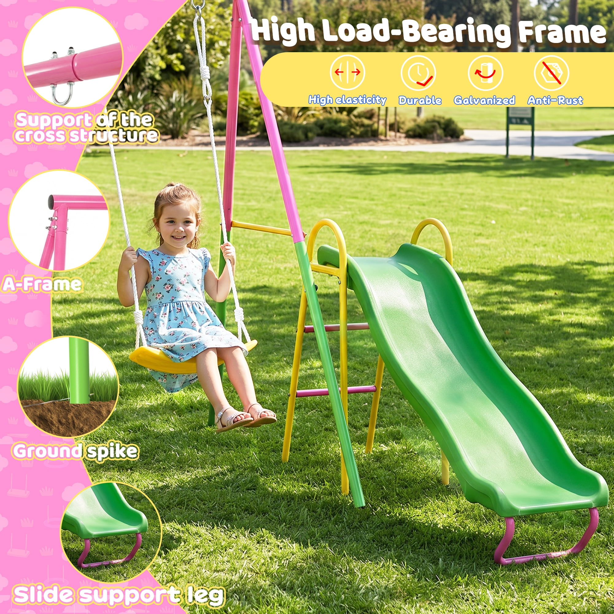 Swing Sets for Backyard with Kids Slide, Outdoor Heavy-Duty Metal Playset 3 in 1 Swing Set with Slide