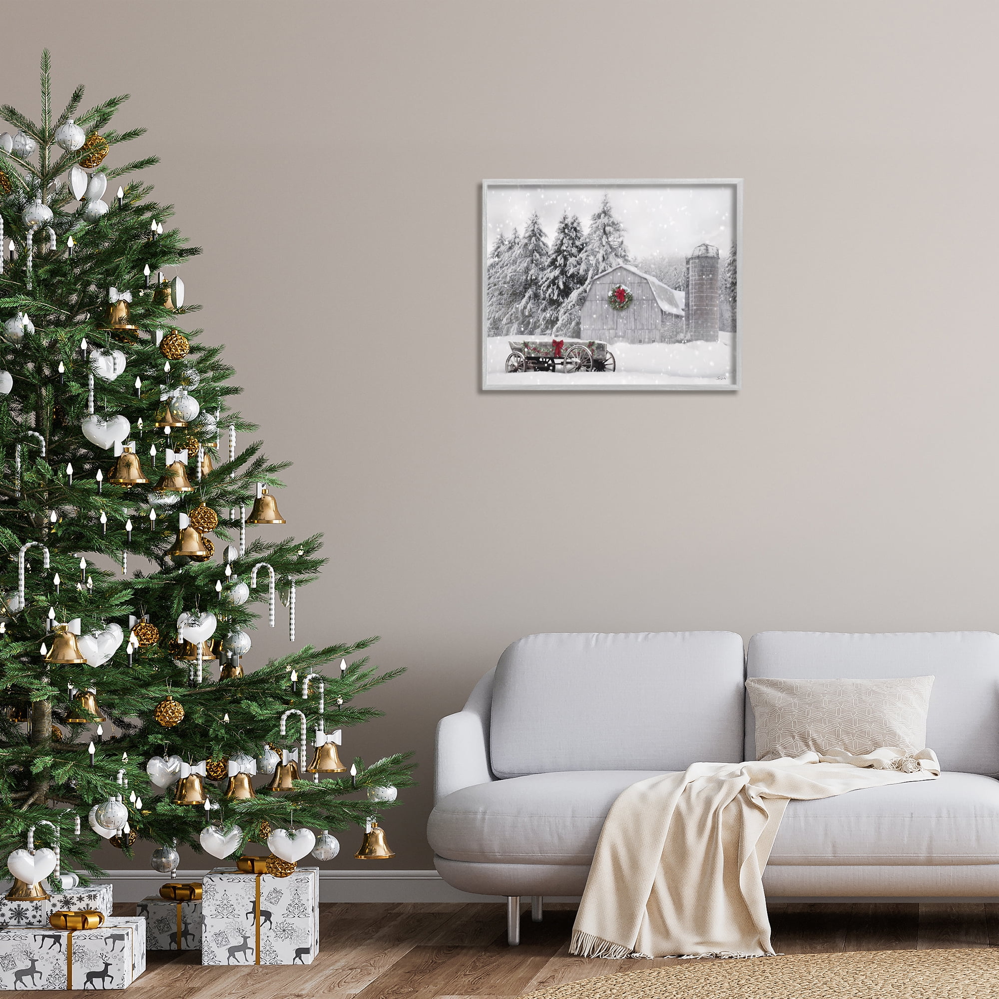 Stupell Industries Snow Covered Farmland Holiday Painting Gray Framed Art Prints Wall Art, 30 x 24