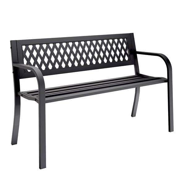 WASUHE 50" Outdoor Patio Bench, Metal Frame Garden Bench with Armrests & Mesh-Patterned Plastic Backrest, Weatherproof Design for Yard, Entryway & Park, Ideal for Front Porch Decor, Black