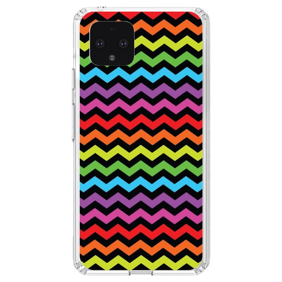 DistinctInk Clear Shockproof Hybrid Case for Google Pixel 4 (5.7" Screen) - TPU Bumper, Acrylic Back, Tempered Glass Screen Protector - Rainbow Black Chevron Stripes Wave - Chevron Stripes Pattern