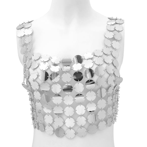Lentejuelas de lujo Chaleco superior Joyas para el cuerpo Brillante Ahueca hacia fuera Decoración Ropa Sin espalda Niñas para Beach Music Festival , Blanco K Argén Hugo Chaleco de lentejuelas