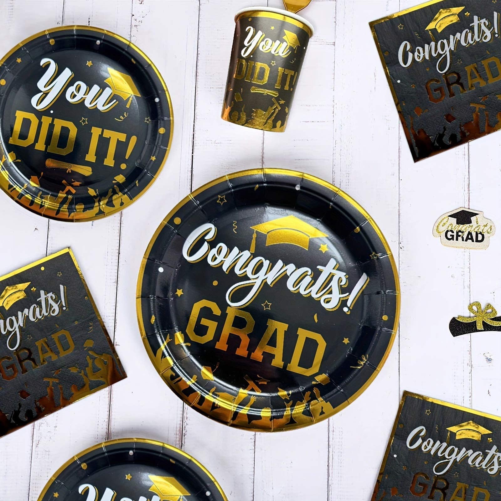 50 Pack Graduation Paper Plates, 9 Inch Black and Gold Party Supplies, Congrats Grad & You Did It Design, Disposable Dinner Plates for Class of 2026 High School and College Graduation Decorations