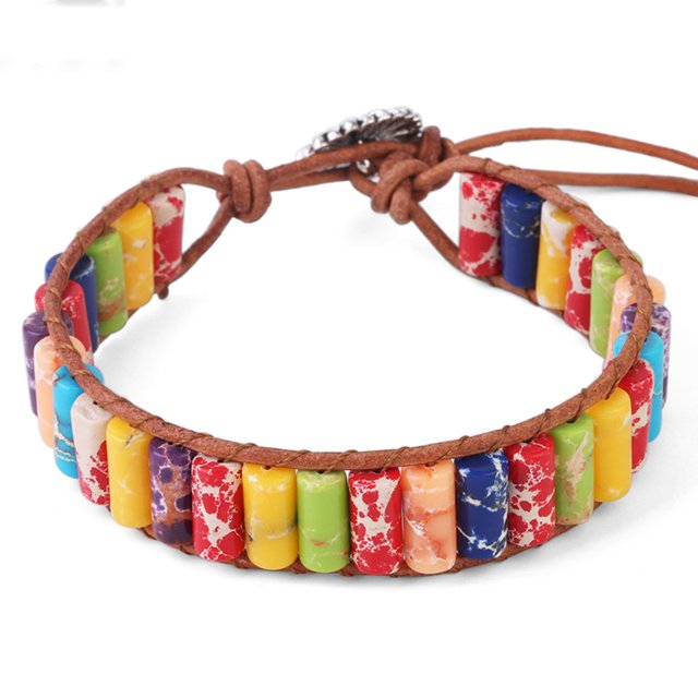 Mixed Color Turquoises Cylindrical Stone Leather Wrap Bracelets for Women Men