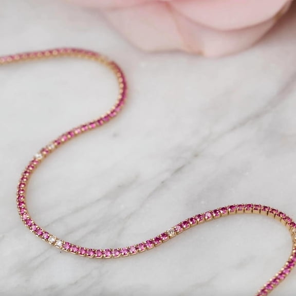 925 Silver Pink Sapphire And CZ Diamond Tennis Necklace in Gold plated family Necklace For Mom, Grandma Gift, Initial Necklace ,pregnancy gift