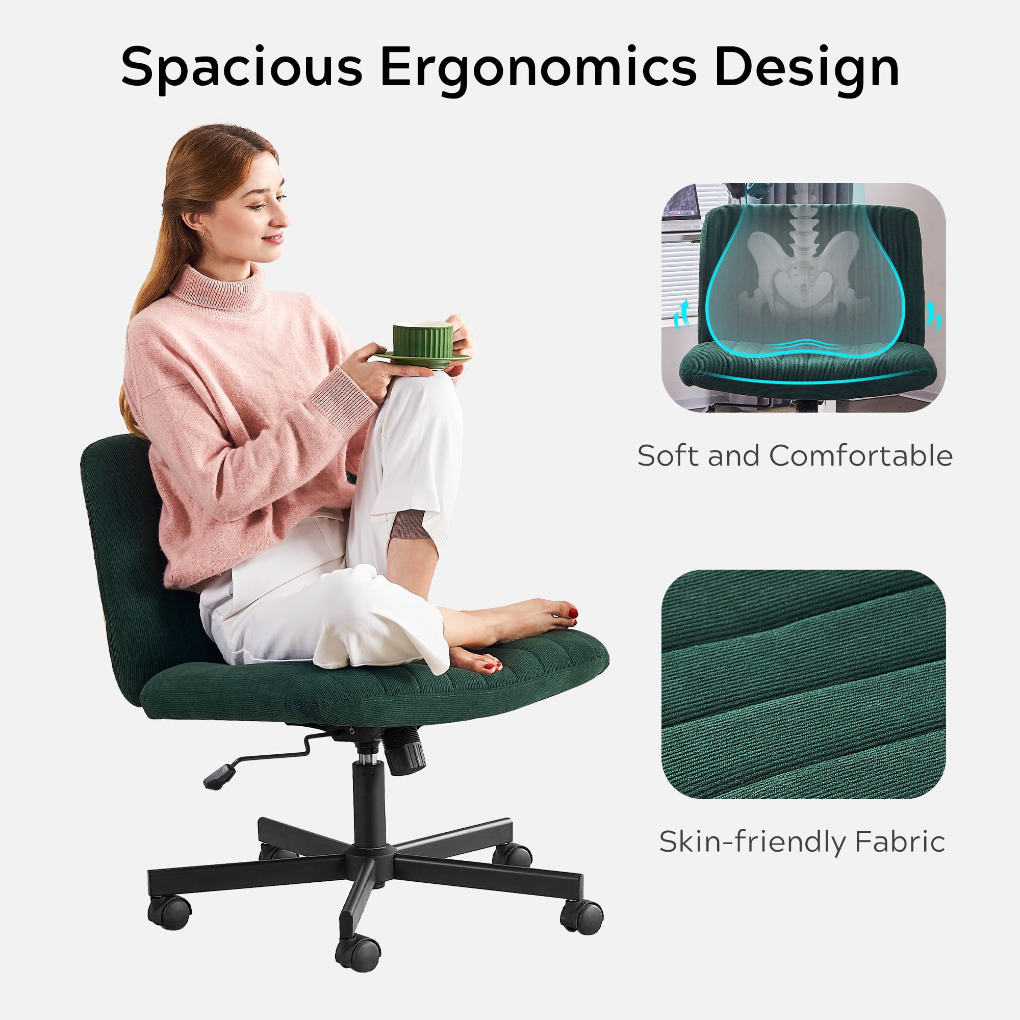EYYTHUNG Wide Seat Crossleg Chair with Wheels, Velvet Home Office Computer Desk Chair, Swivel Side Vanity Chair Green for Girl, Dark Green