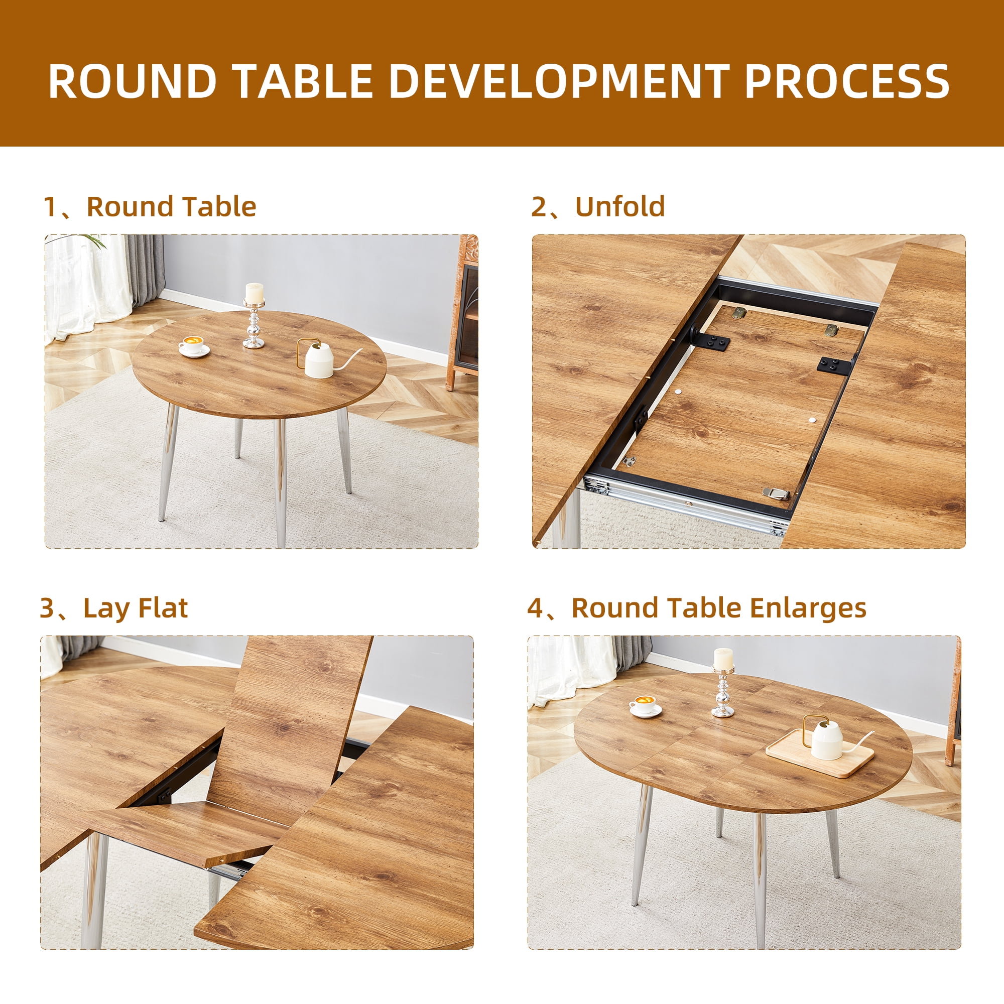 Mintazer Extendable Round to Oval Dining Table with Natural Wood Grain MDF Top & Chrome Metal Legs, Modern Kitchen Table for 4-6 People, Natural