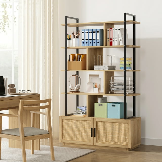 Estantería de Ratán de 71.1" y 5 Niveles – Gabinete con Puertas – Estantería Grande de Madera para Granja – 7 Estantes Abiertos – Almacenamiento Moderno