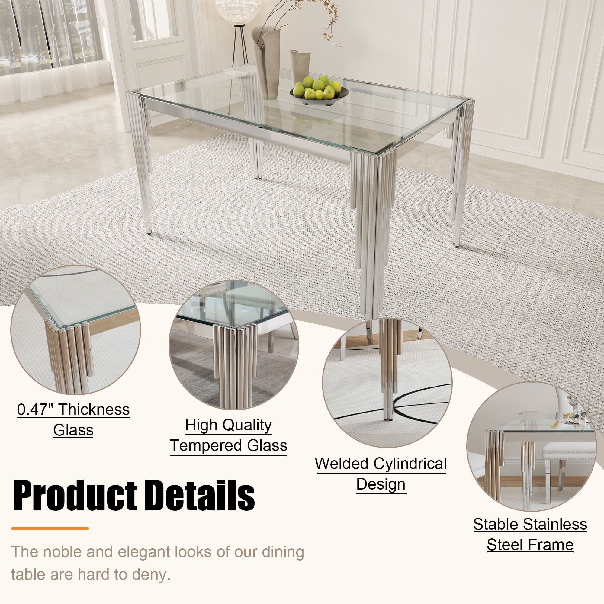 52.7" Rectangular Clear Tempered Glass Dining Table for 4 People, Modern Kitchen Table with Irregular Stainless Steel Legs, Dining Table for Small Space, Apartment Studio, Home Office