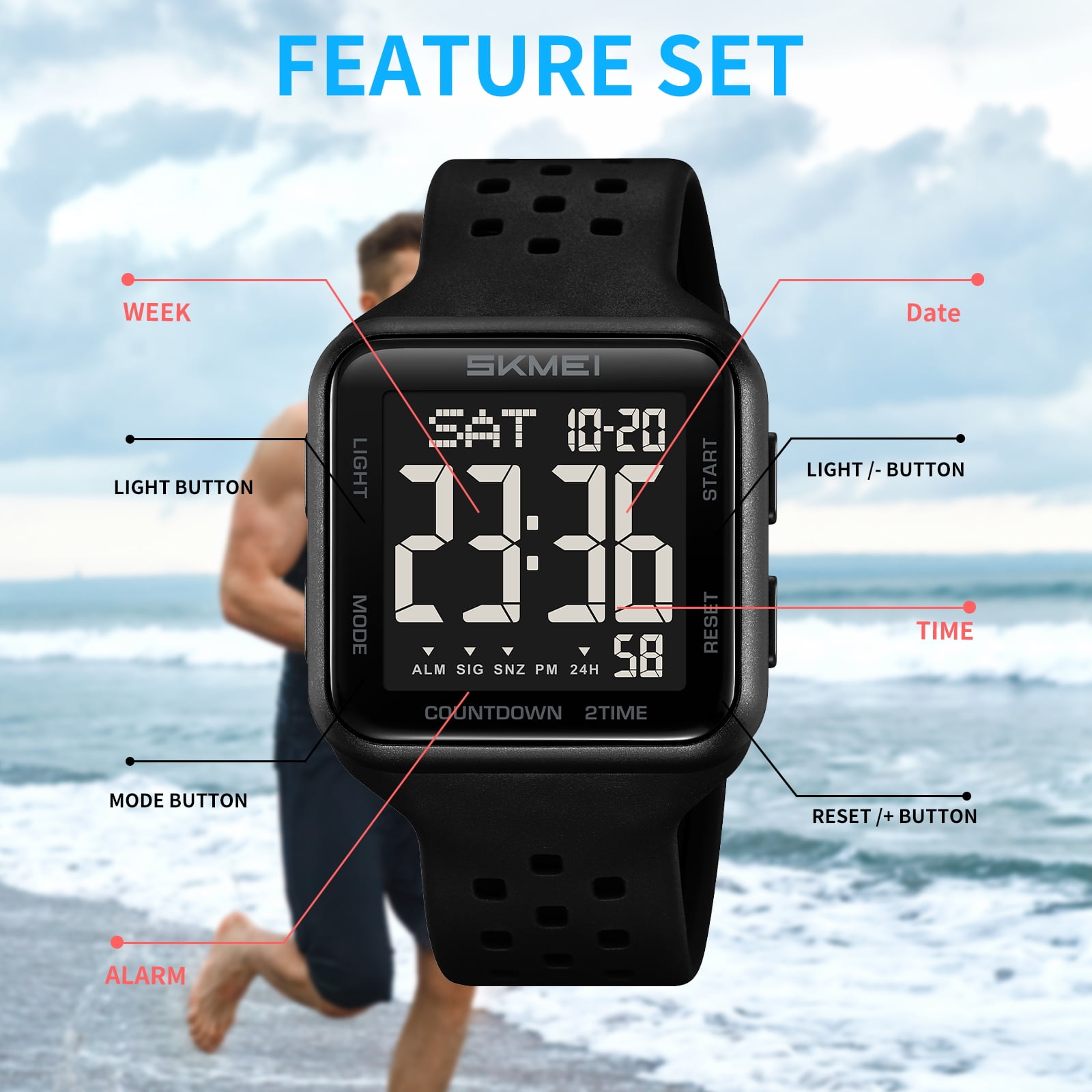 SKMEI Mens Watch Digital Outdoor Sports Waterproof Large Face Wrist Watches for men with LED Back Ligh/Alarm/Stopwatch