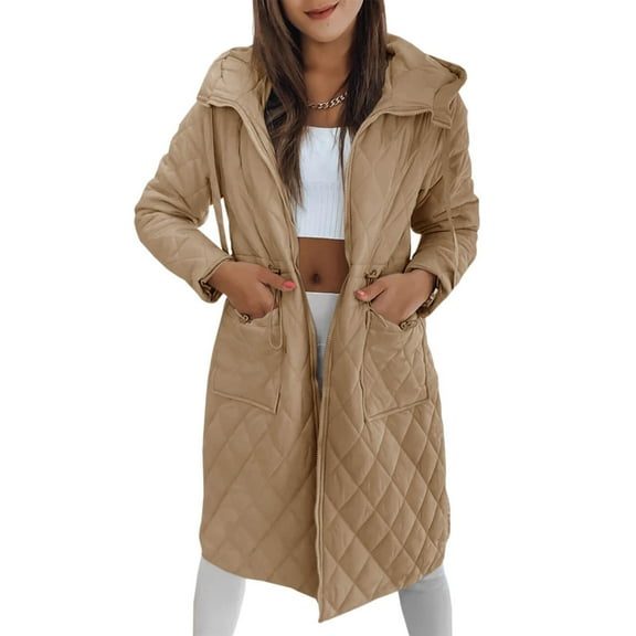 WTOBBY Women's Long Quilted Hooded Jacket, Drawstring Waist with Pockets, Zip Up Coat, Warm Winter Outerwear, Water-Resistant Shell, Perfect for Cold Weather,Black L