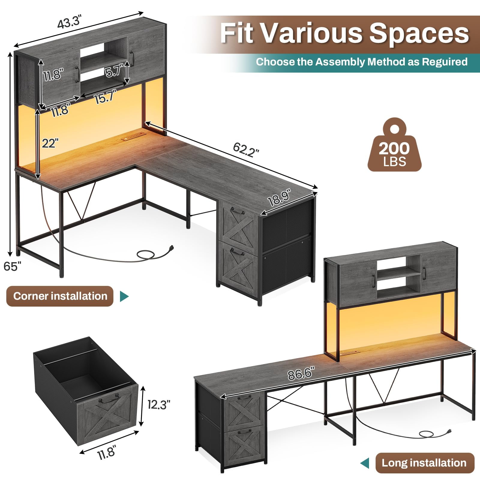 L Shaped Computer Desk 2 Drawers, Reversible Home Office Desk with Led Lights, Hutch and Storage Shelf