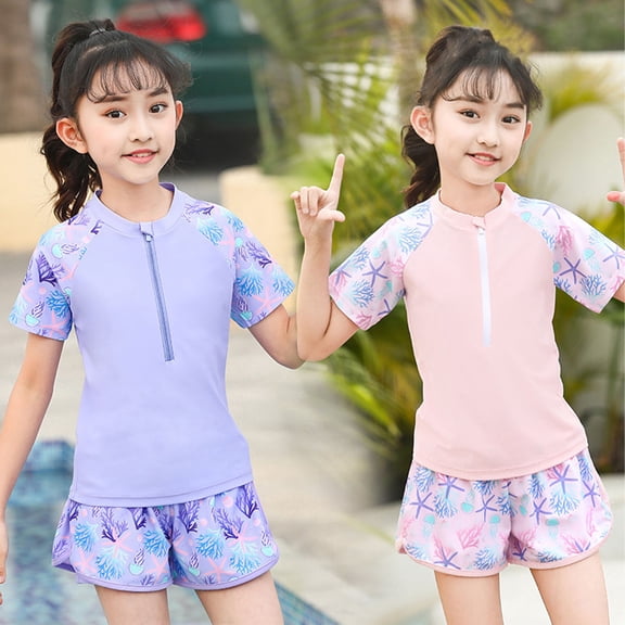 Einccm Kids Swimsuit Set - Short Sleeve Rash Guard Two-Piece Ages 6-12, Half Zip Top & Printed Shorts, Sun-Protective Fitted Beachwear, Coral-Starfish Print