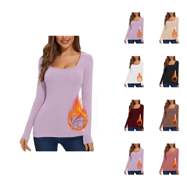 Chemises à Manches Longues pour Femmes 2026 Automne Hiver Basique Col Carré Ajusté Respirant T-Shirt