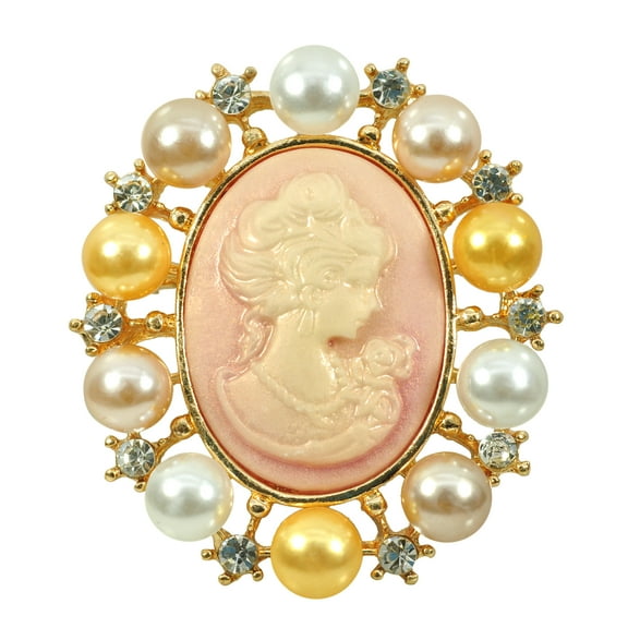 Gyn&Joy Vintage Cameo Pink, Faux Pearl, Crystal Rhinestones Pin Brooch, Golden Tone