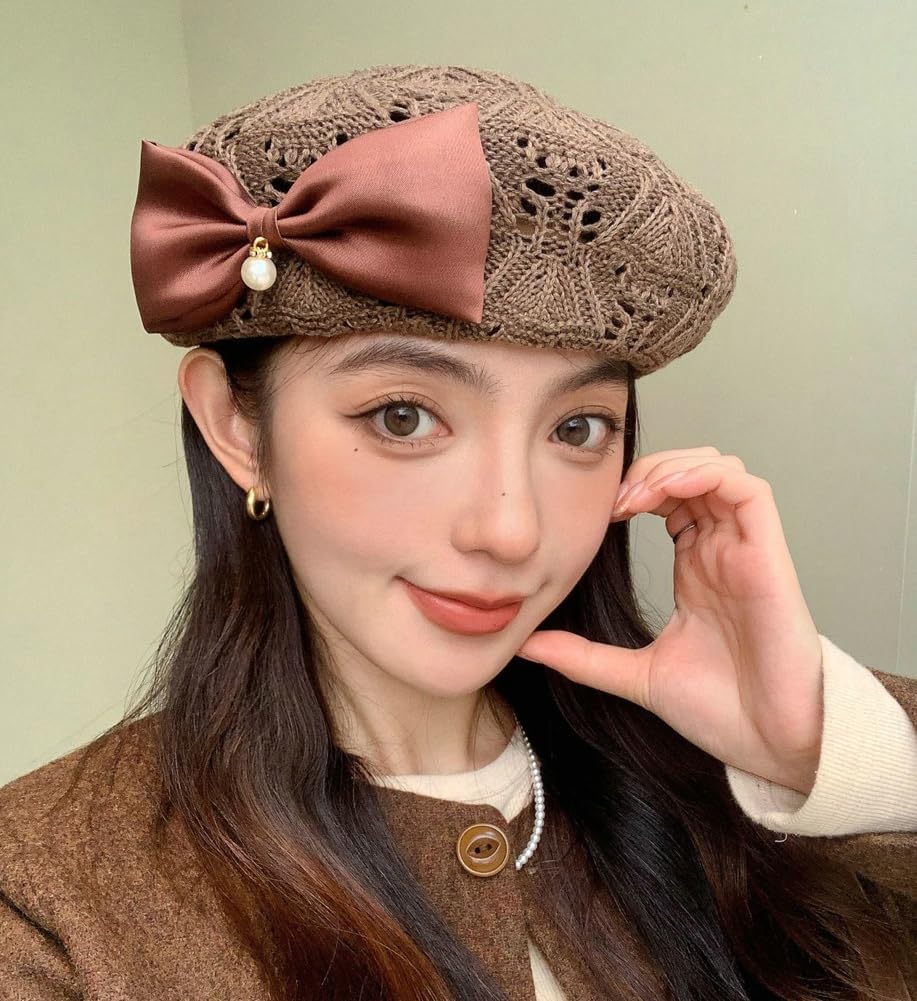 Women Beret Hat Trendy Bow Pearl Woven Beret Summer Hollow  display picture 1