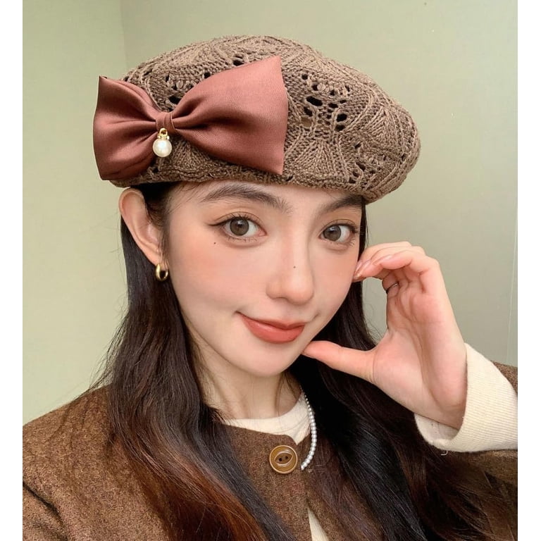 Women Beret Hat Trendy Bow Pearl Woven Beret Summer Hollow  display picture 3