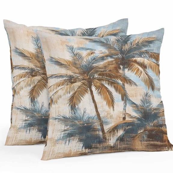 Throw Pillow Covers 18x18 Inch Set of 2, Navy Blue Brown Palm Tree Waterproof Outdoor Pillow Covers, Tropical Leaves Vintage Decorative Cushion Pillowcases for Couch, Sofa, Bed, Garden, Patio