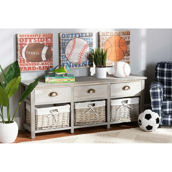 Baxton Studio Mabyn Modern and Contemporary Light Grey Finished Wood 3-Drawer Storage Bench with Baskets