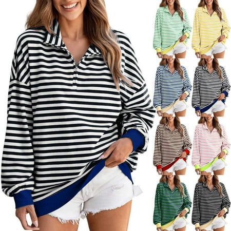 WMTBSRSW Striped Long Sleeve Shirt Women Y2k Oversized Vintage Half Zip Sweatshirts Fall Winter Drop Shoulder Cute Preppy Pullover X-Large Green